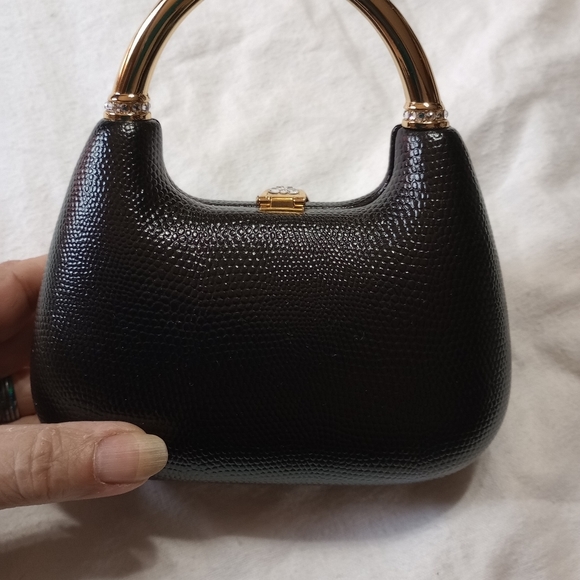 Vtg Isabella Adams Reptile Hard Case Purse Gold Handle Clasp Swarovski Crystal - Picture 2 of 4